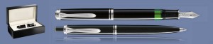 ZESTAW PIÓRO WIECZNE + DŁUGOPIS PELIKAN SOUVERAN K/M405 CZARNO-SREBRNE + WOOD BOX BLACK | STALÓWKA F