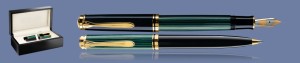 ZESTAW PIÓRO WIECZNE + DŁUGOPIS PELIKAN SOUVERAN K/M800 CZARNO-ZIELONE + WOOD BOX BLACK | STALÓWKA F