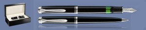 ZESTAW PIÓRO WIECZNE + DŁUGOPIS PELIKAN SOUVERAN K/M805 CZARNO-SREBRNE + WOOD BOX BLACK | STALÓWKA F